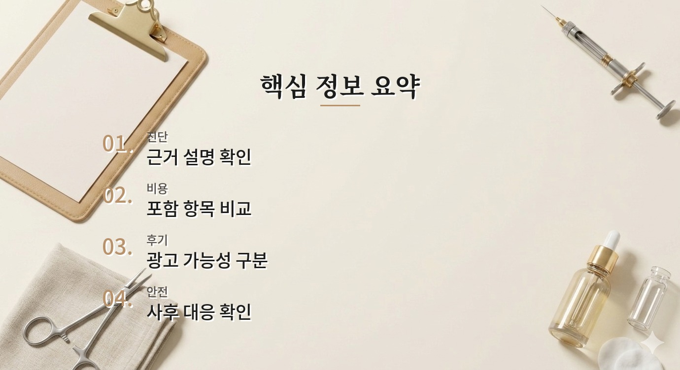 피부과 장비 정품 확인 상담 결과를 비교하는 체크 기준 핵심 정보 요약 이미지