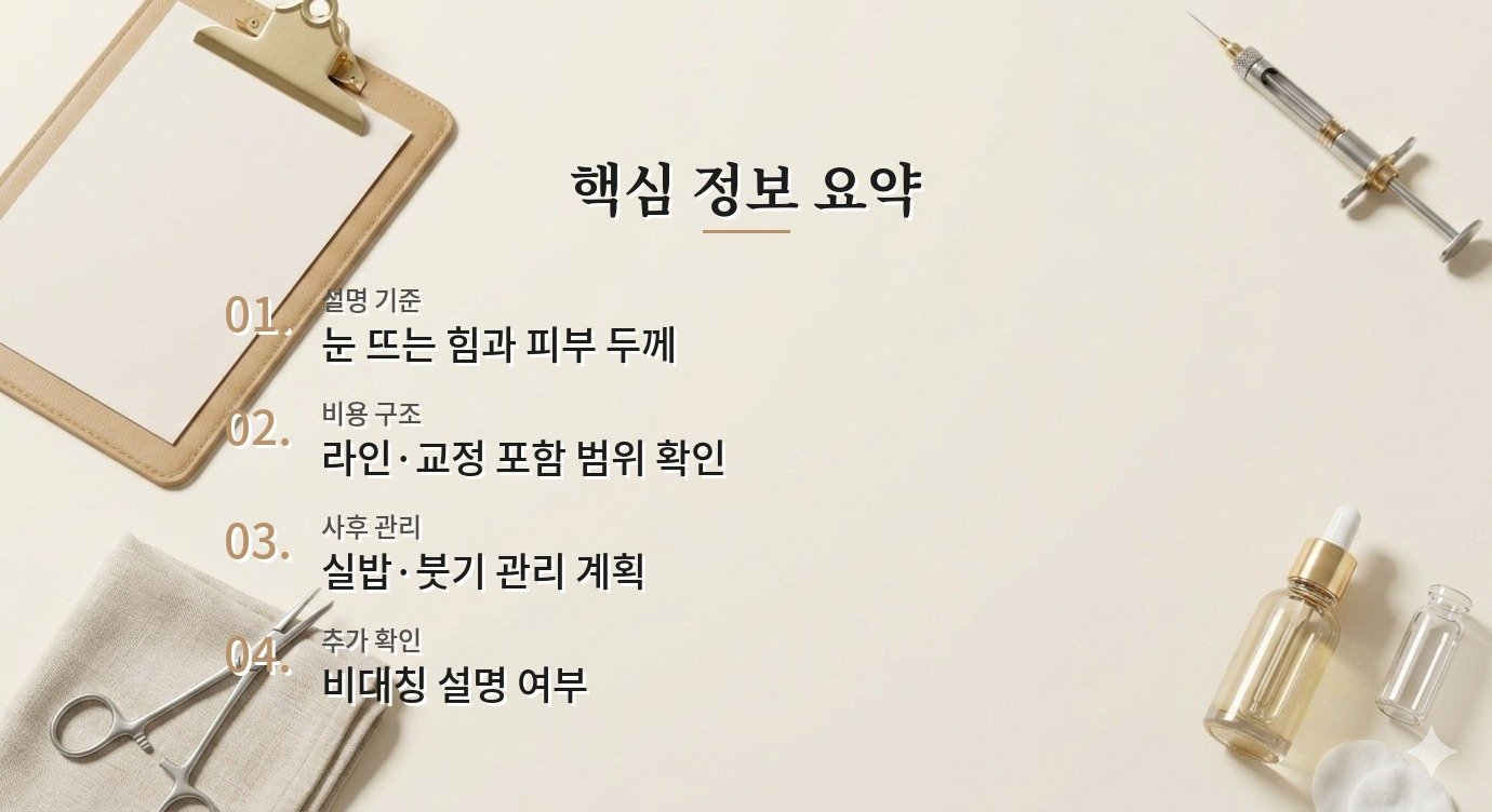 쌍꺼풀 병원 상담 견적서에서 확인할 비용 항목 핵심 정보 요약 이미지