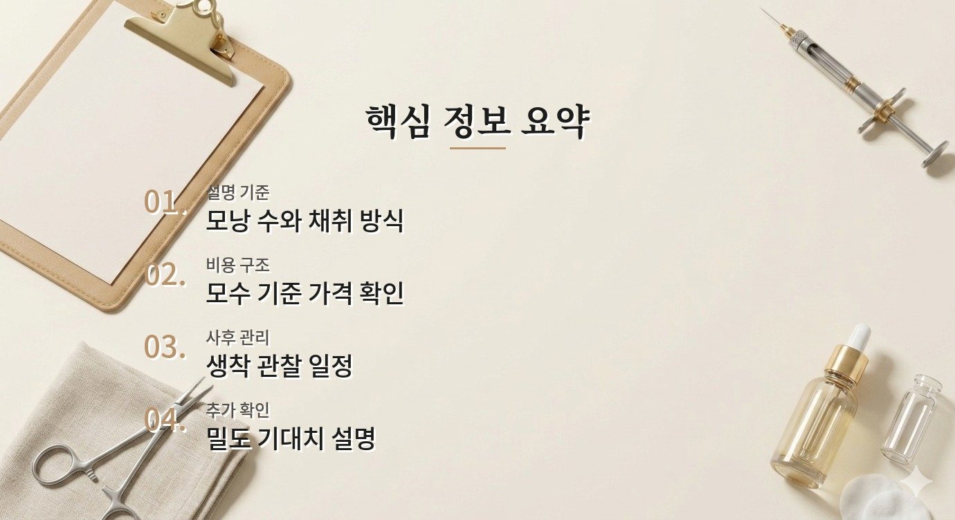 모발이식 상담 비용과 사후관리는 어떻게 비교해야 하나요? 핵심 정보 요약 이미지