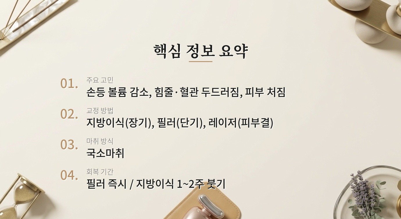 손 노화 교정(손등 지방이식·필러)은 어떤 경우에 효과가 있나요? 핵심 정보