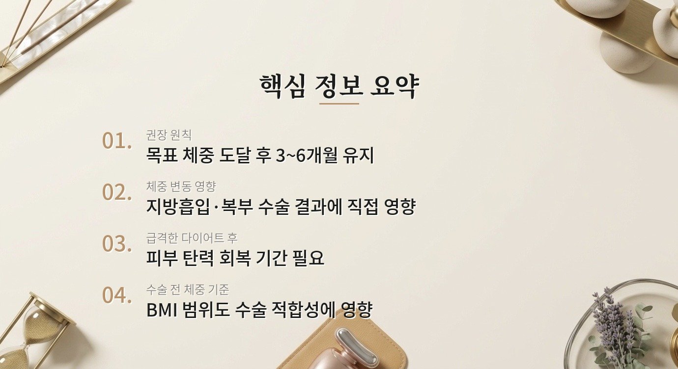 다이어트 중이거나 체중 변동이 클 때 성형 수술 시기를 어떻게 정해야 하나요? 핵심 정보