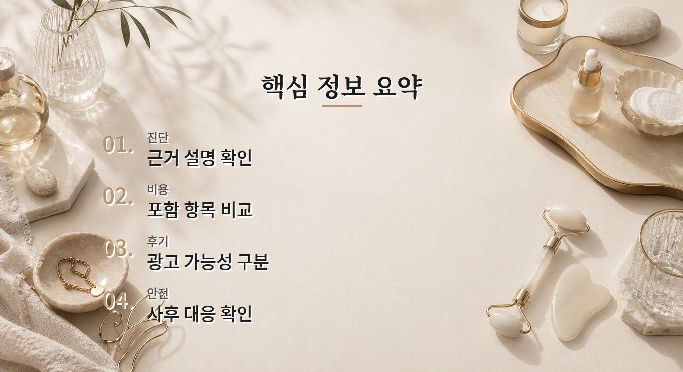 여러 병원 상담 순서 후기 사진과 문구를 읽는 체크 기준 핵심 정보 요약 이미지