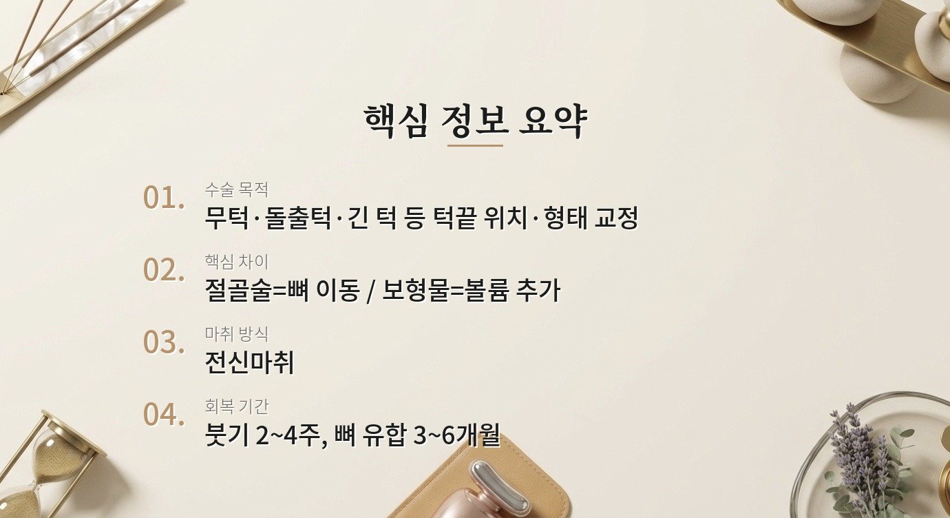 턱끝 절골술(슬라이딩 제니오플라스티)이 턱 보형물과 어떻게 다른가요? 핵심 정보