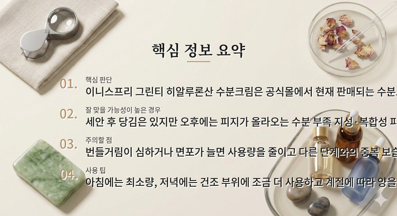 이니스프리 그린티 히알루론산 수분크림은 수분 부족 지성이 써도 번들거리지 않을까요? 비교 가이드