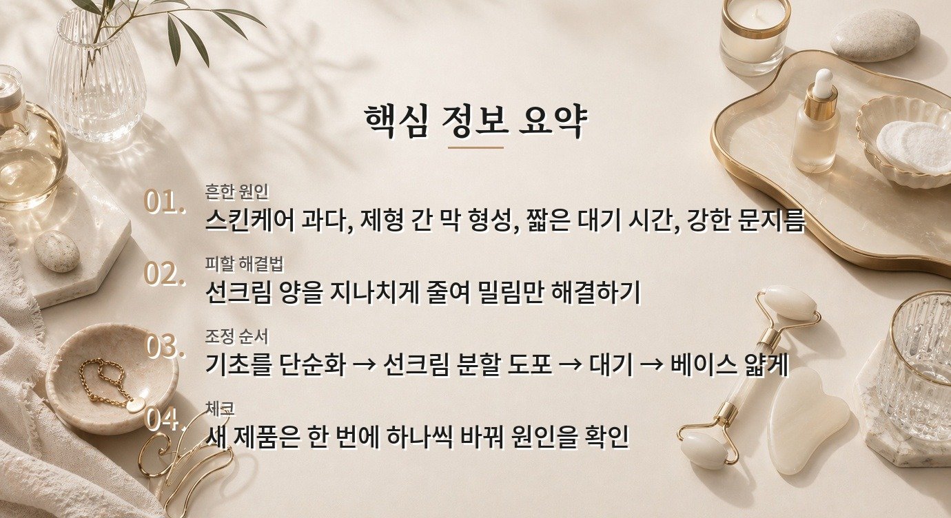 선크림 바른 뒤 파운데이션이 밀릴 때, 제품 궁합보다 먼저 볼 사용량과 간격 비교 가이드