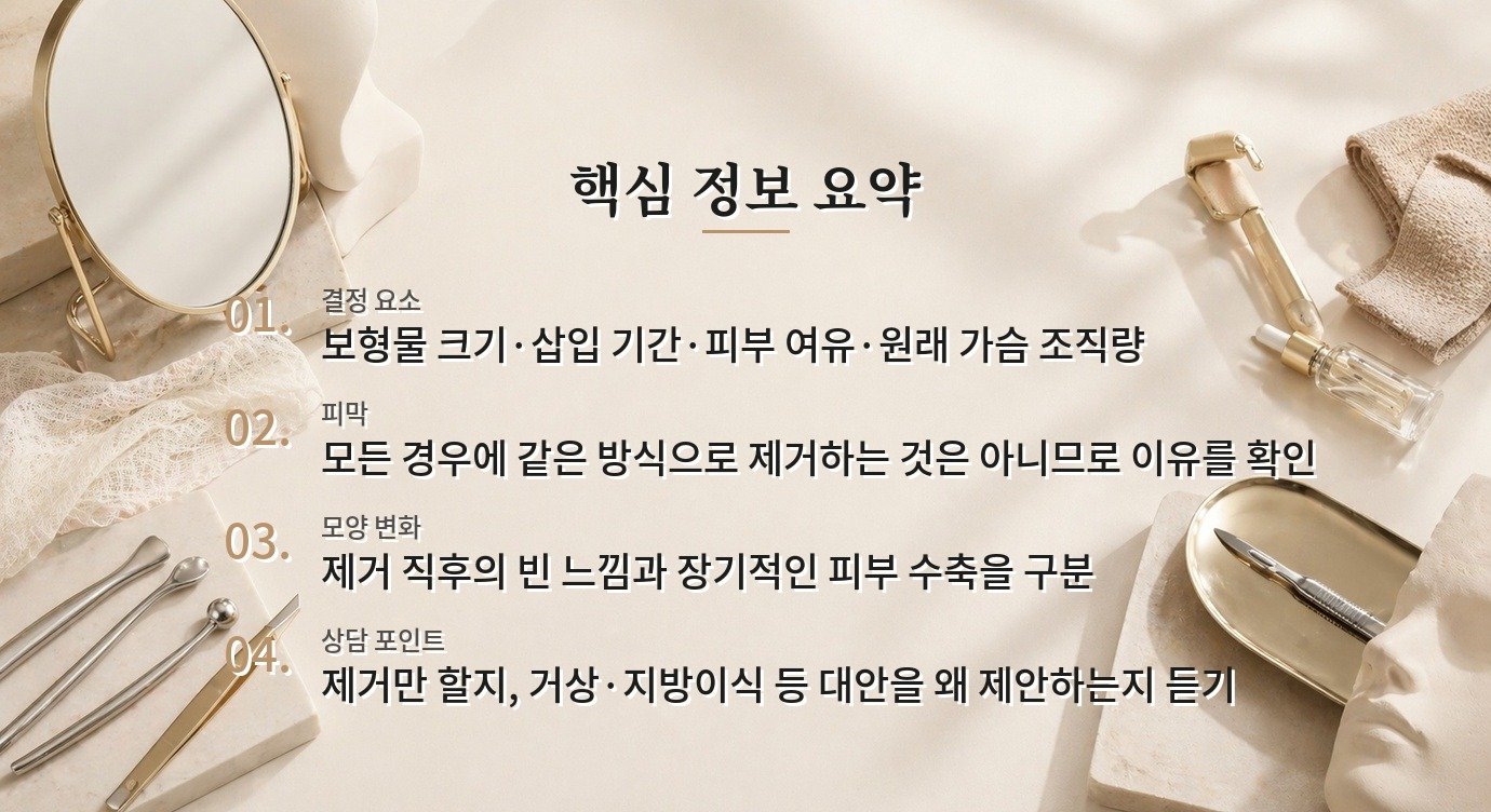가슴 보형물 제거 후 빈 느낌이 걱정될 때, 피막과 피부 처짐에 따라 달라지는 선택 비교 가이드