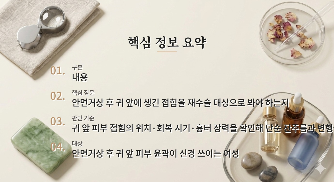 안면거상 뒤 귀 앞 피부가 접혀 보일 때, 흉터선과 남은 주름을 구별하기 비교 가이드
