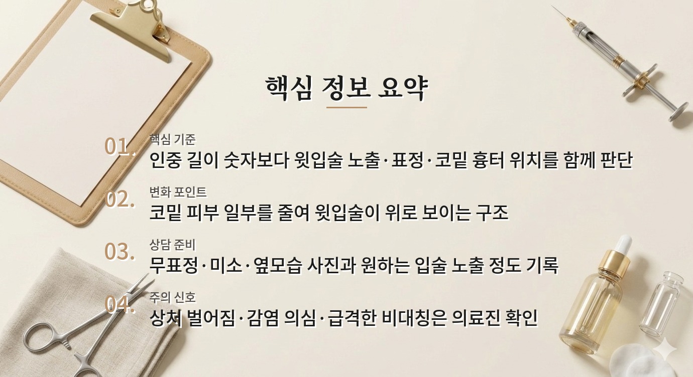 남자 인중축소, 인중 길이보다 입술 노출과 콧밑 흉터를 먼저 볼 것 비교 가이드