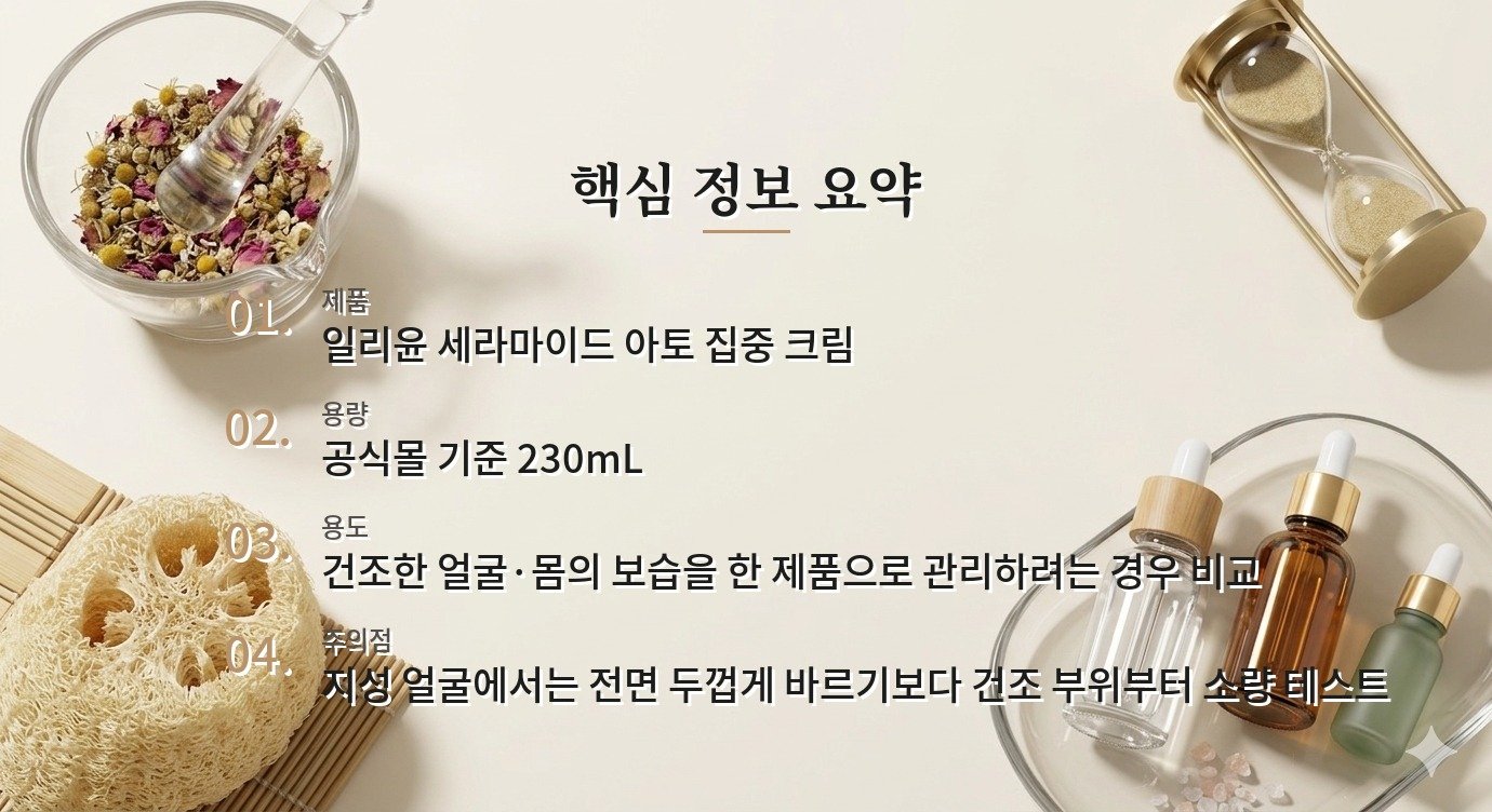 일리윤 세라마이드 아토 집중 크림 230mL, 얼굴·몸 보습제로 볼 때 장단점 비교 가이드