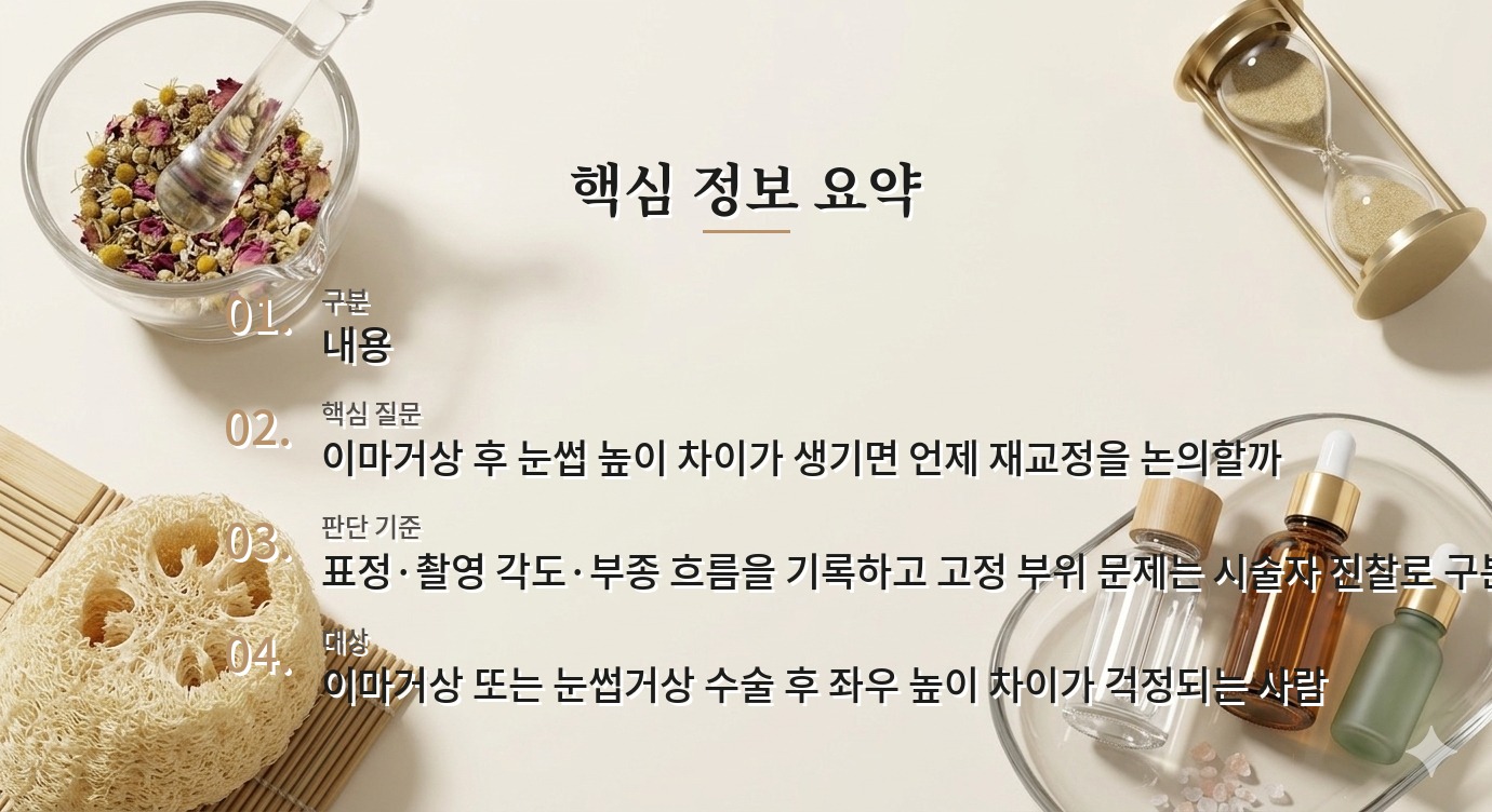 이마거상 후 눈썹 높이가 다를 때, 붓기와 고정 상태를 살피는 순서 비교 가이드