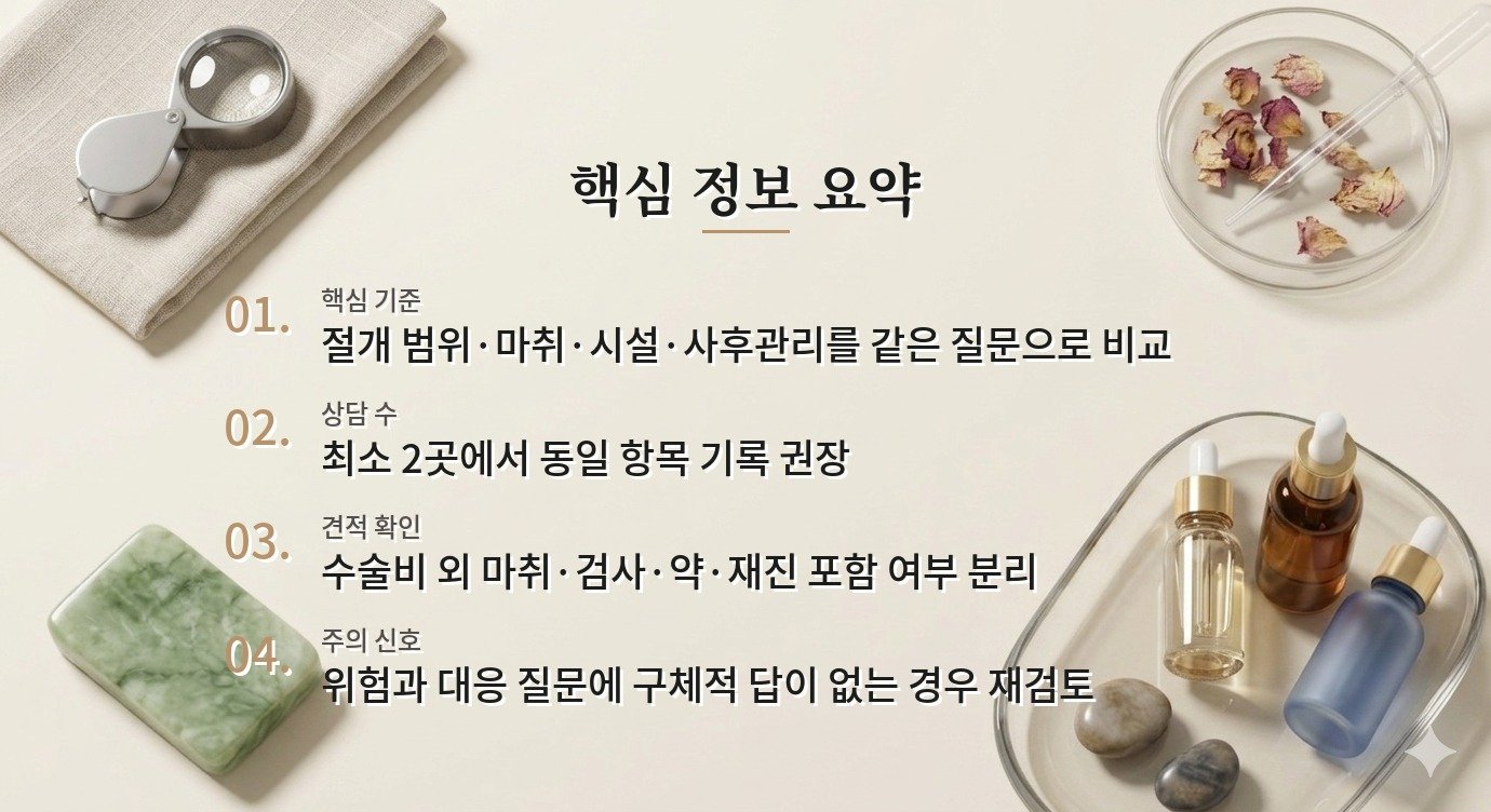 안면거상 병원 비교, 절개 범위·마취·회복관리 설명을 같은 표로 맞추는 법 비교 가이드