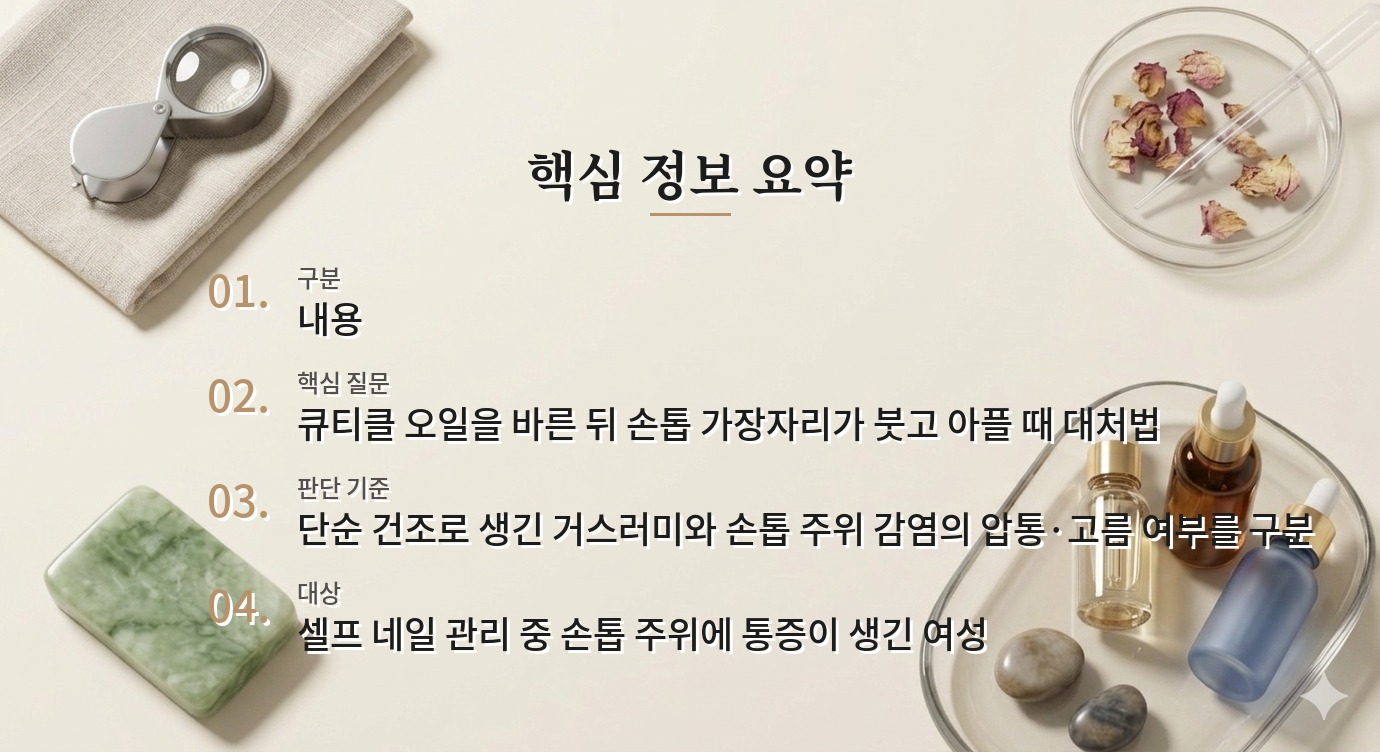 큐티클 오일을 발랐는데 손톱 옆이 붓는다면, 보습 부족과 조갑주위염 구별하기 비교 가이드