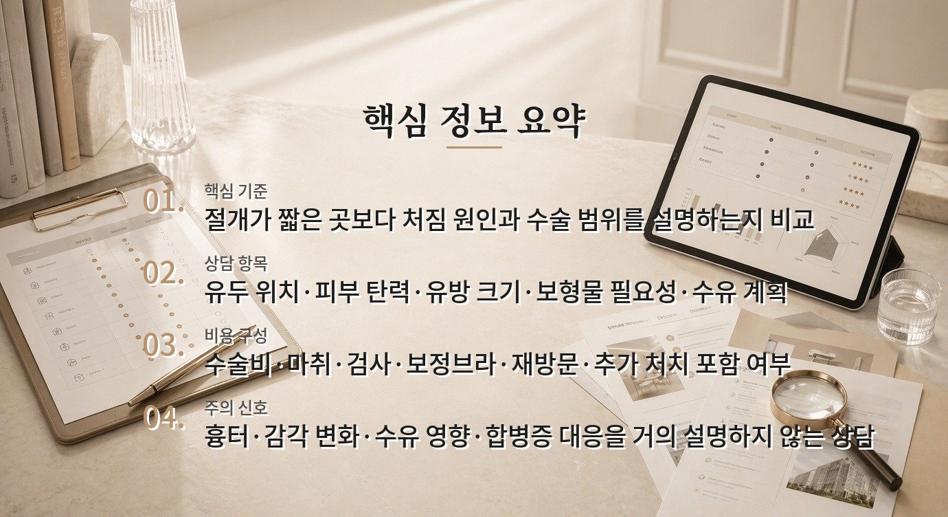 유방거상 병원, 절개 위치·보형물 병행 여부·수유 계획을 비교하는 기준 비교 가이드