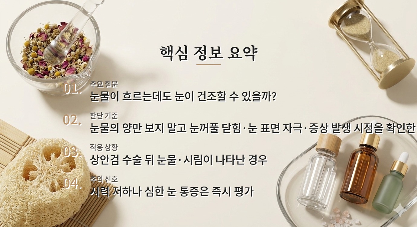 상안검 수술 후 눈물이 자꾸 흐른다면, 건조감과 눈꺼풀 기능을 함께 확인하기 비교 가이드