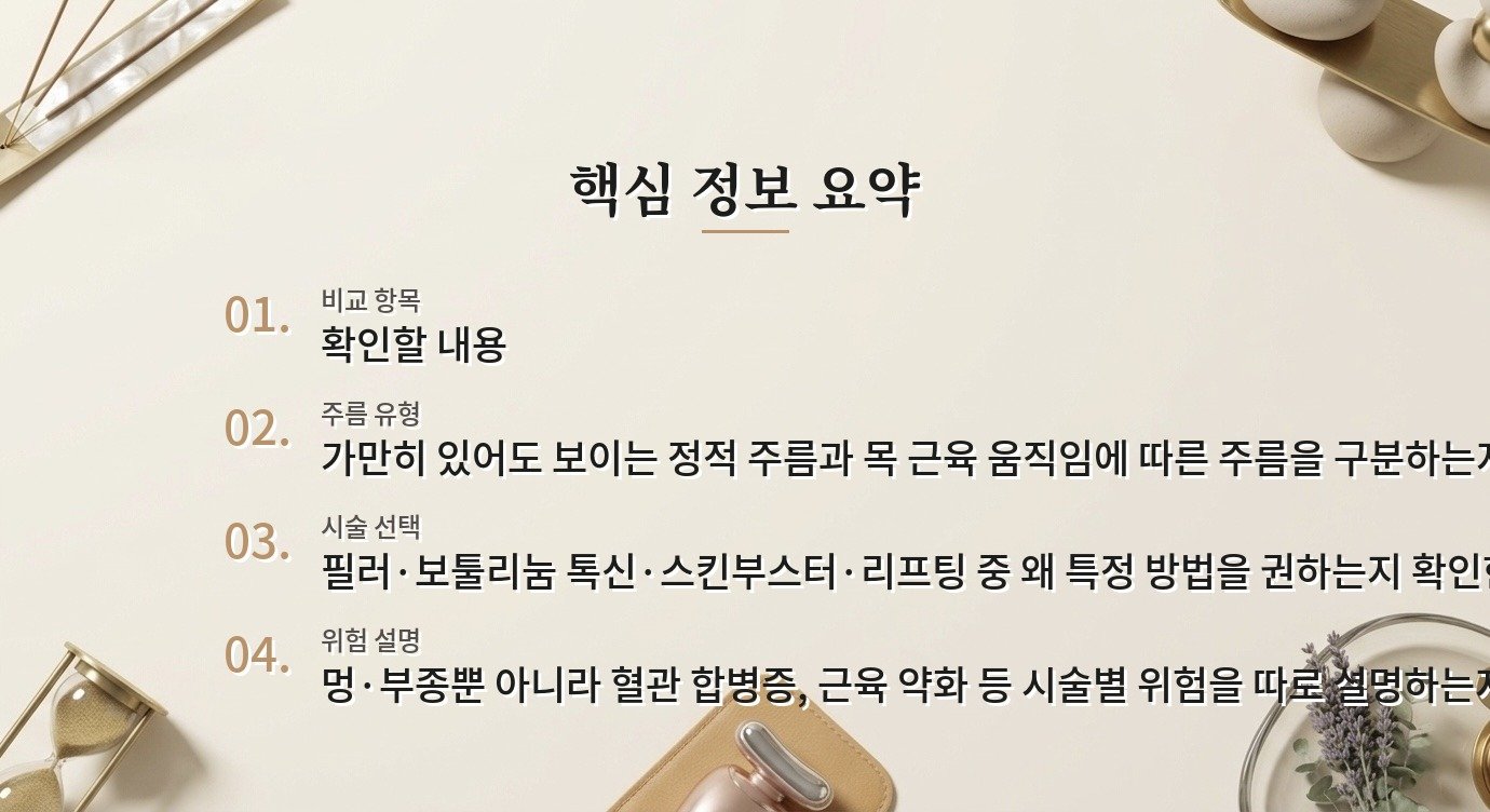 목주름 필러·보톡스 병원, 정적 주름과 표정 주름을 나눠 설명하는지 보는 법 비교 가이드