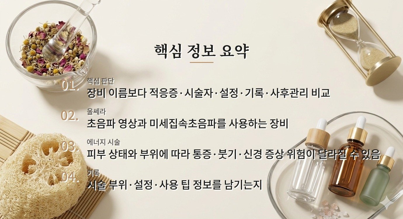 울쎄라·써마지 상담 병원 비교, 장비 이름보다 에너지 기록과 시술자 확인이 중요한 이유 비교 가이드