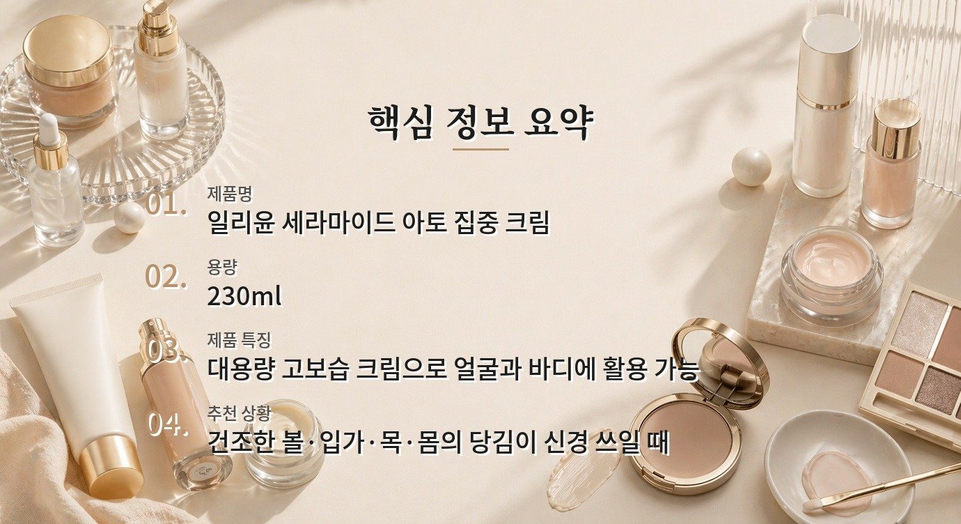 일리윤 세라마이드 아토 집중 크림 230ml, 얼굴에 바를 때 답답함을 줄이는 부위별 사용법 비교 가이드
