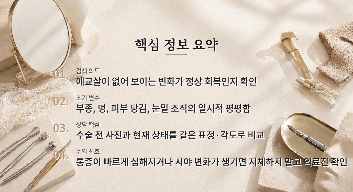 눈밑지방재배치 후 애교살이 사라져 보일 때, 붓기와 볼륨 변화를 구분하는 법 비교 가이드