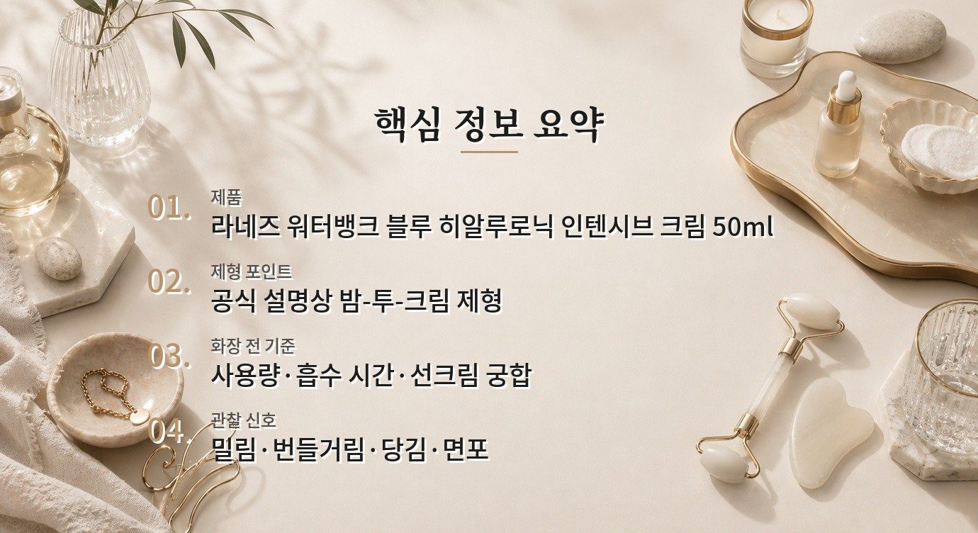 라네즈 워터뱅크 블루 히알루로닉 인텐시브 크림은 화장 전에도 무겁지 않을까요? 비교 가이드