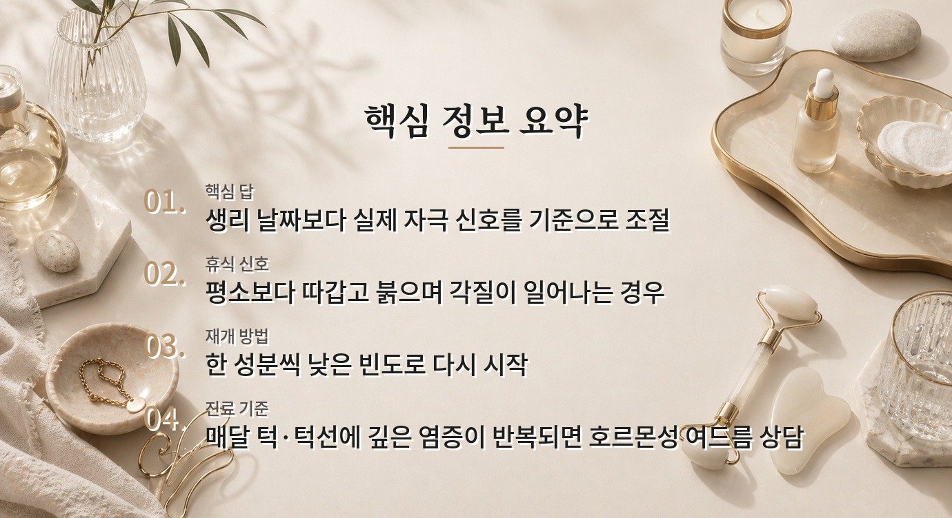 생리 때 피부가 예민해지면 레티놀과 필링을 쉬어야 하나요? 비교 가이드