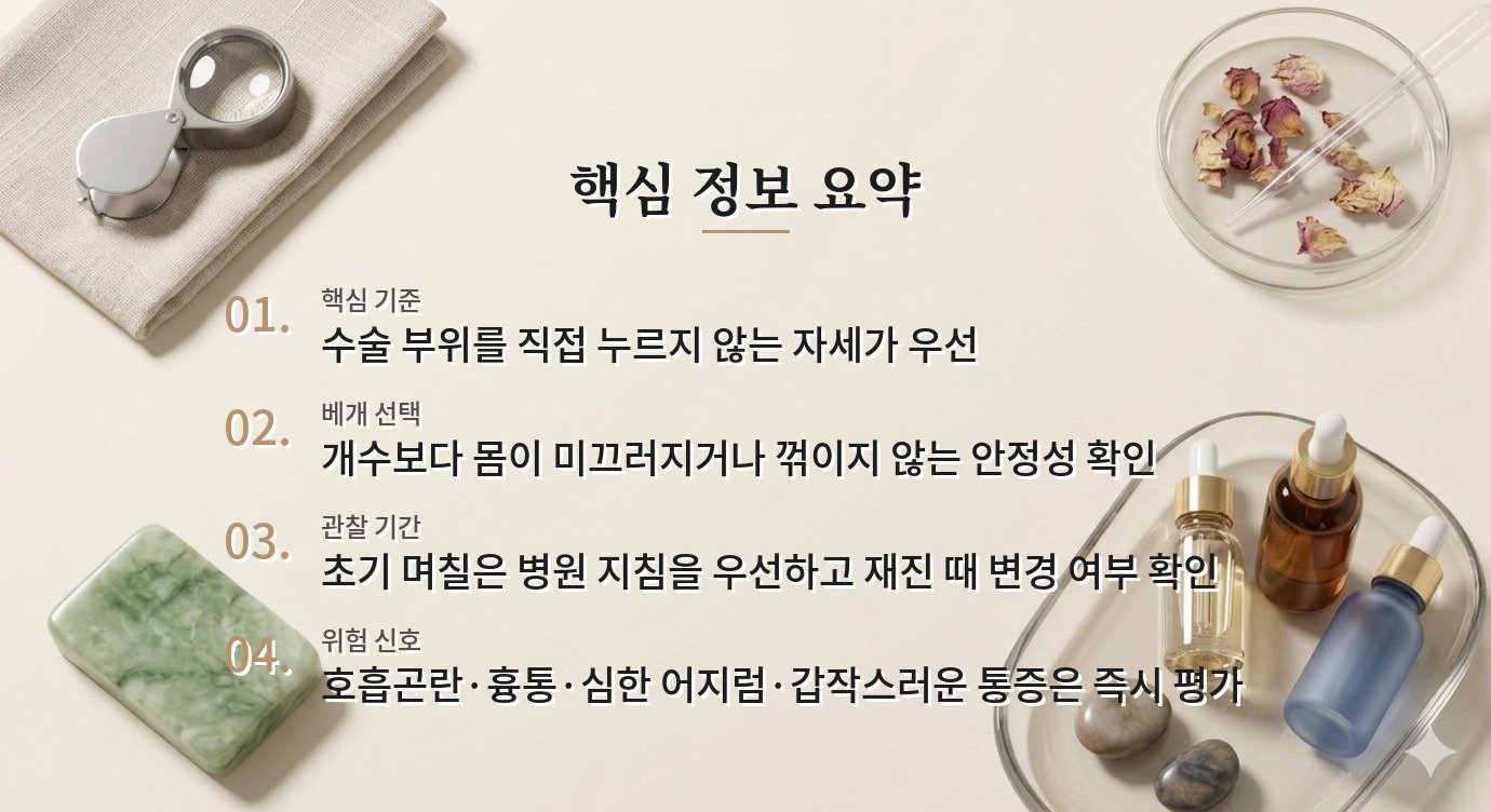 성형수술 후 잠자는 자세, 베개 높이보다 수술 부위 압박을 먼저 피하는 방법 비교 가이드