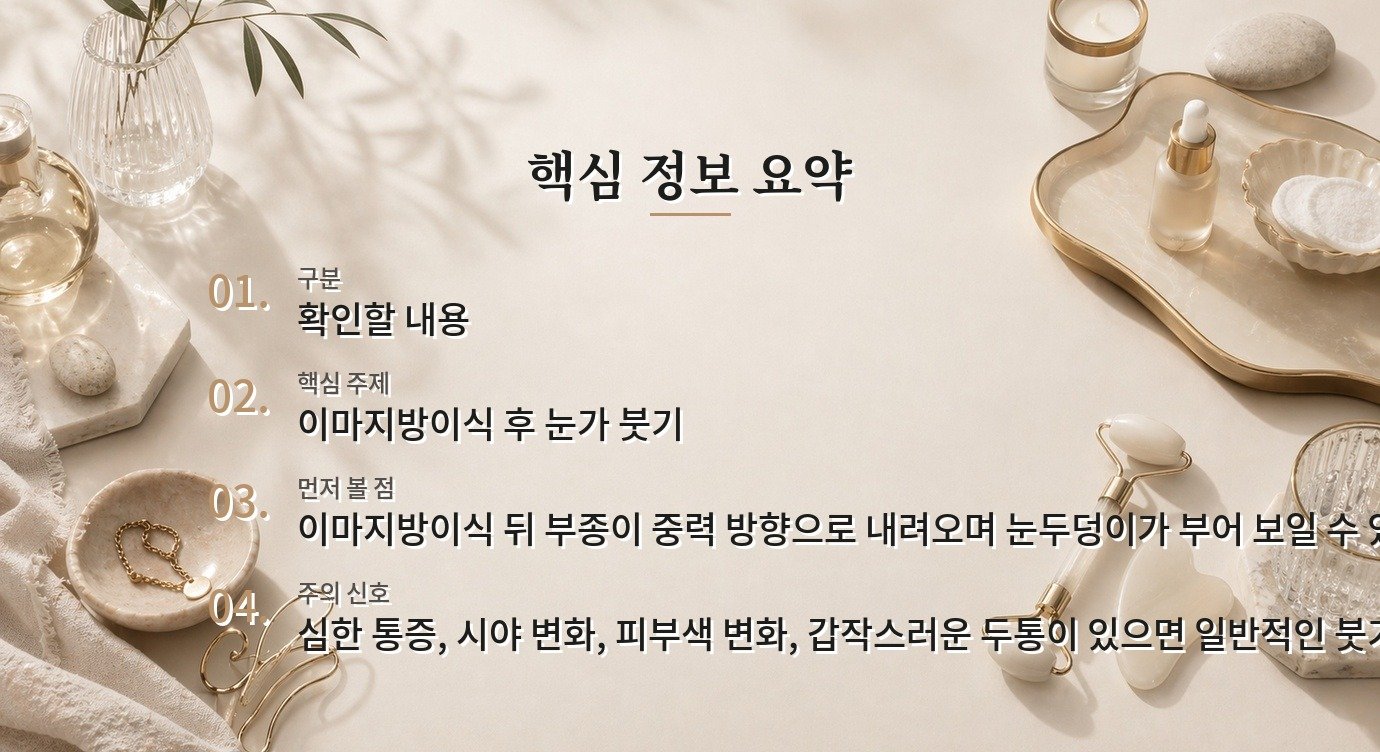 이마지방이식 후 눈두덩이 붓기, 내려오는 부종과 위험 신호 구분하기 비교 가이드