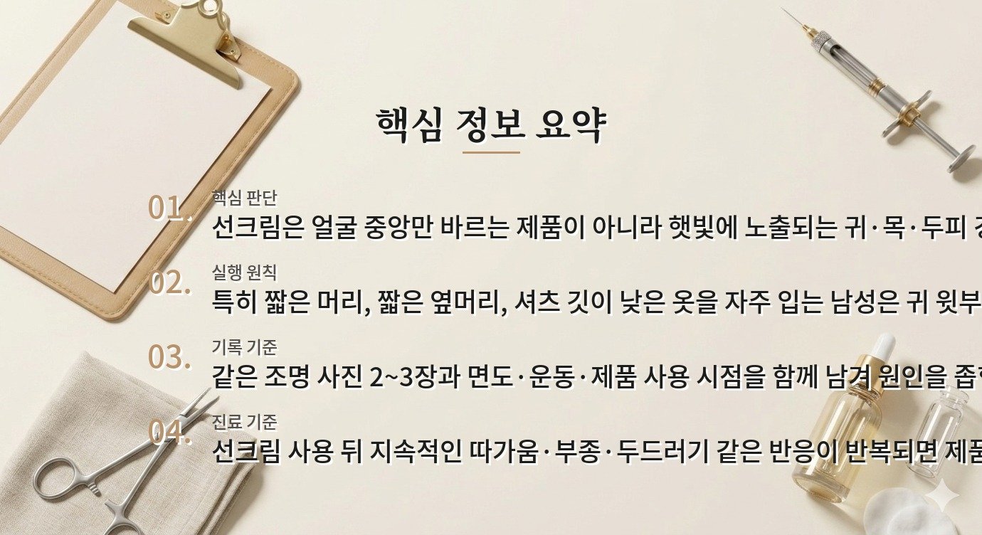 남자 귀와 목 선크림, 얼굴만 바를 때 놓치기 쉬운 노출 부위 비교 가이드