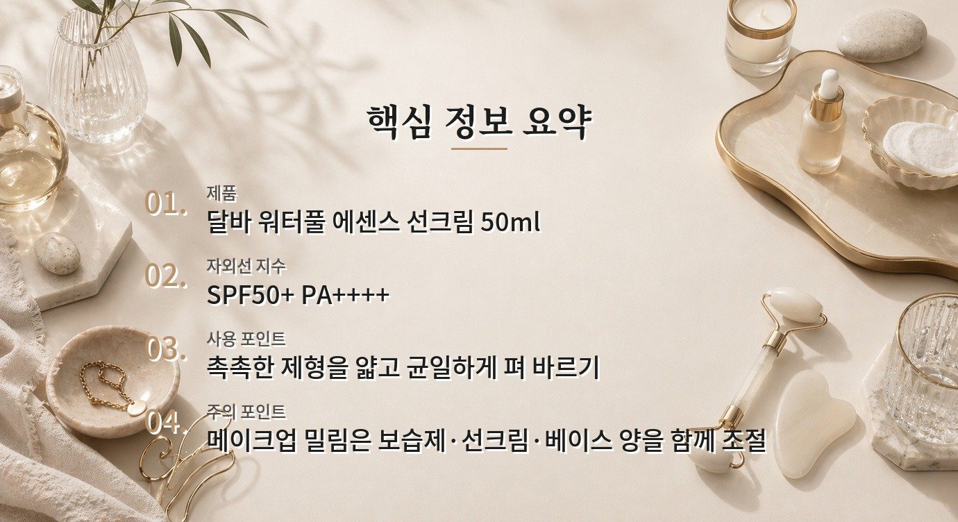 달바 워터풀 에센스 선크림, 촉촉한 메이크업 전 사용감과 재도포 포인트 비교 가이드