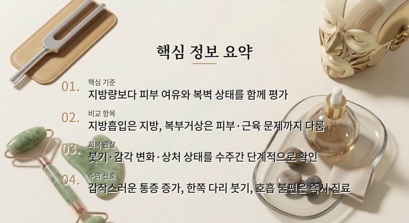 출산 후 복부 지방흡입과 복부거상, 피부 처짐·근육 이개에 따라 선택이 달라지는 이유 비교 가이드
