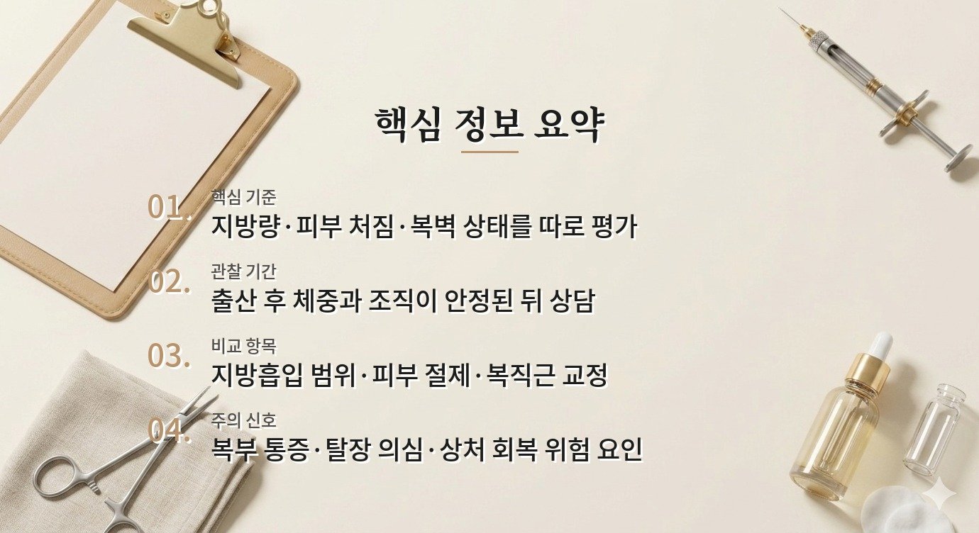 출산 후 복직 전 복부성형, 지방흡입과 복부거상을 나눠 보는 기준 비교 가이드