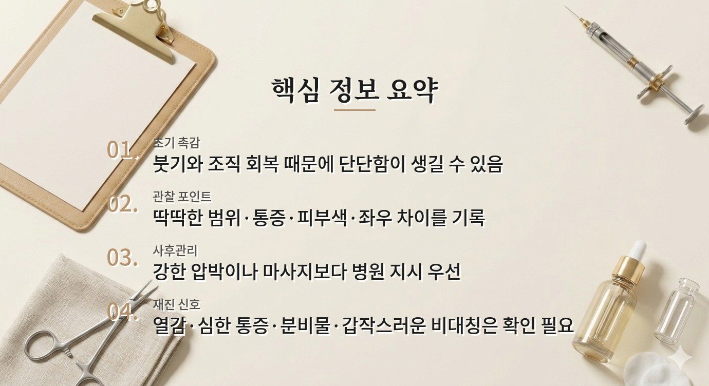 복부 지방흡입 후 배꼽 주변이 딱딱하게 만져질 때, 유착처럼 느껴지는 조직을 보는 순서 비교 가이드