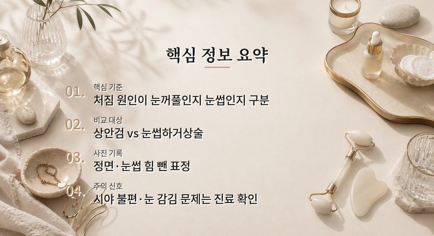 40대 남자 윗눈꺼풀 처짐, 상안검과 눈썹하거상술 차이 비교 가이드