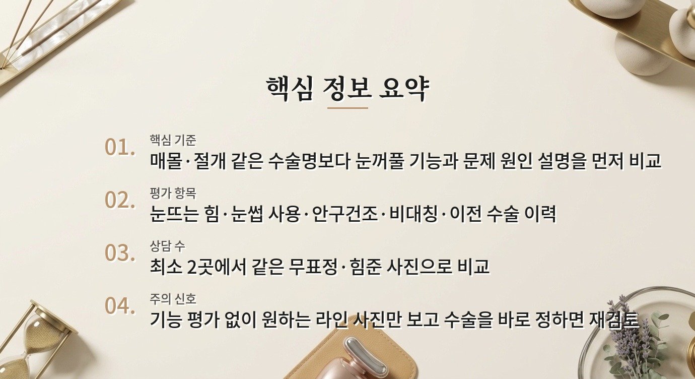 눈성형 병원 비교, 수술명보다 눈꺼풀 기능 평가와 회복 설명을 먼저 보는 이유 비교 가이드
