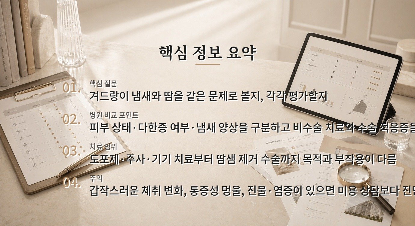 남자 액취증 병원, 땀 억제 치료와 땀샘 제거 수술을 나눠 보는 법 비교 가이드