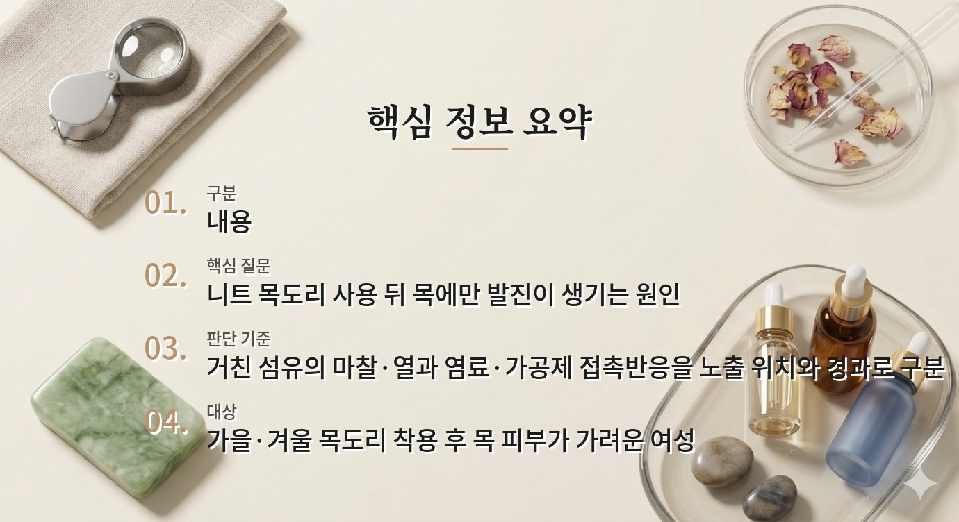 니트 목도리를 두른 뒤 목에 붉은 반점이 생긴다면, 울 마찰과 접촉 알레르기 구분 비교 가이드