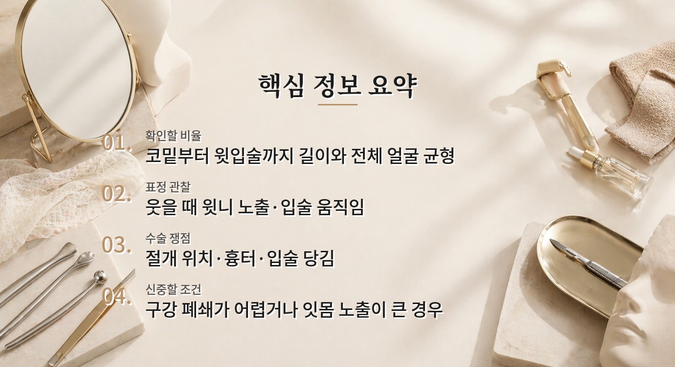 남자 인중축소 수술 전 웃을 때 치아 노출과 흉터 위치 확인하기 비교 가이드