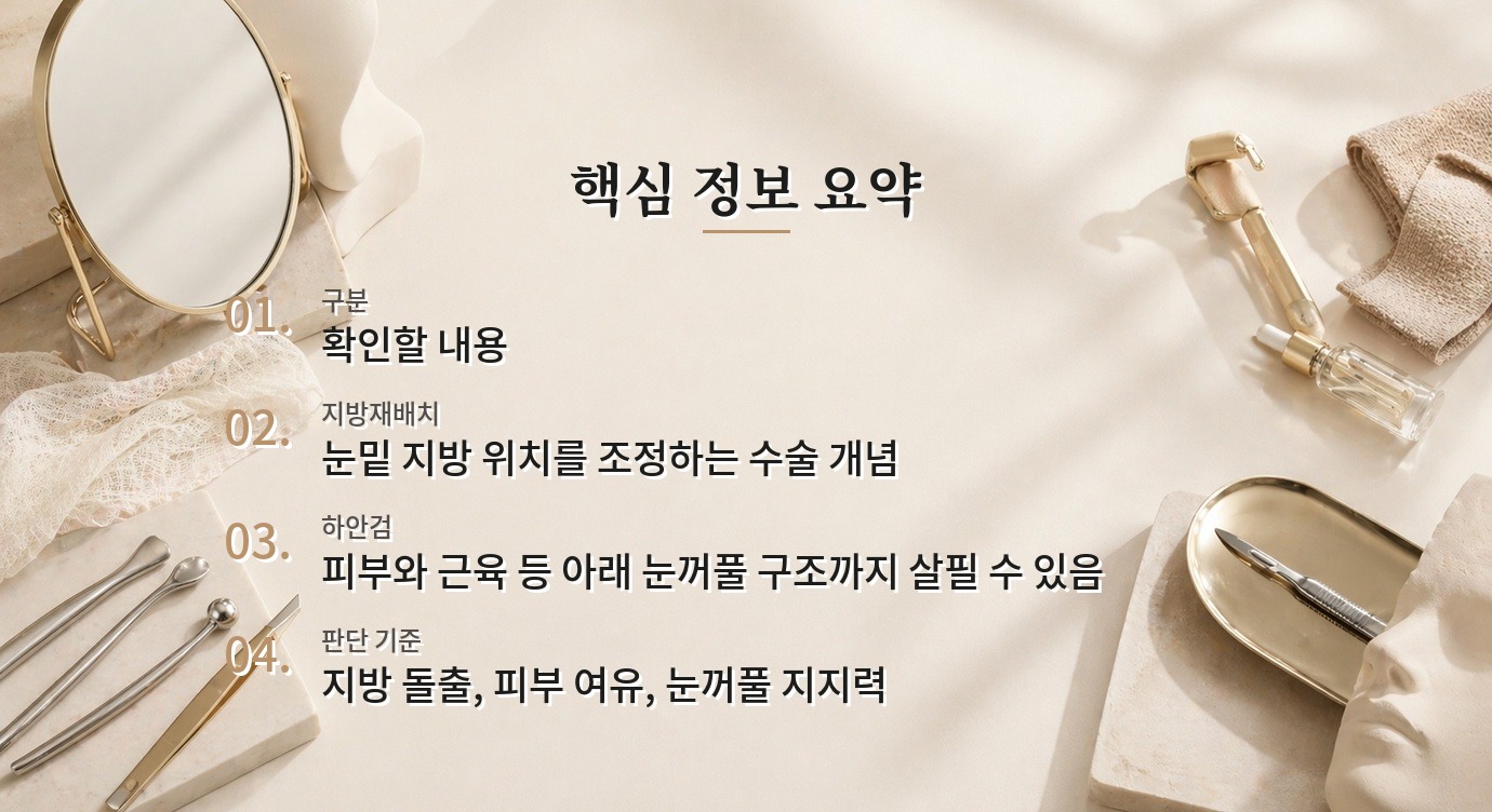 눈밑 지방재배치와 하안검 수술, 피부가 늘어졌다면 무엇이 다를까? 비교 가이드