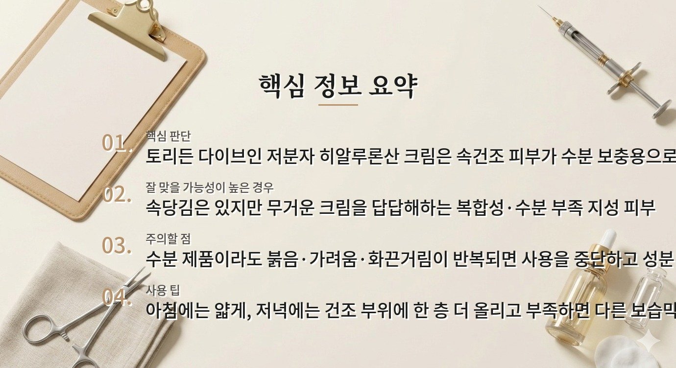 토리든 다이브인 저분자 히알루론산 크림, 속건조 피부의 가벼운 보습감 비교 가이드
