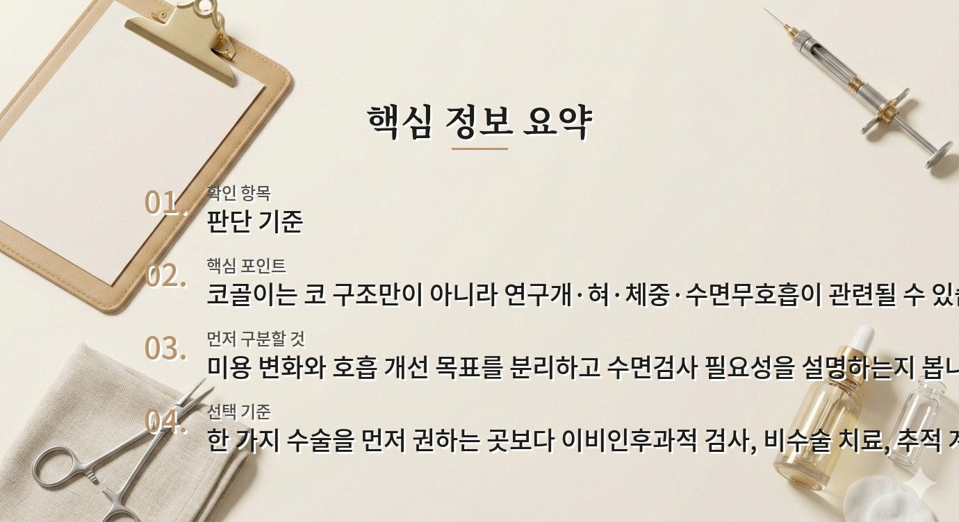 남자 코골이 수술 병원, 미용 코수술 상담과 수면 평가를 구분하는 기준 비교 가이드