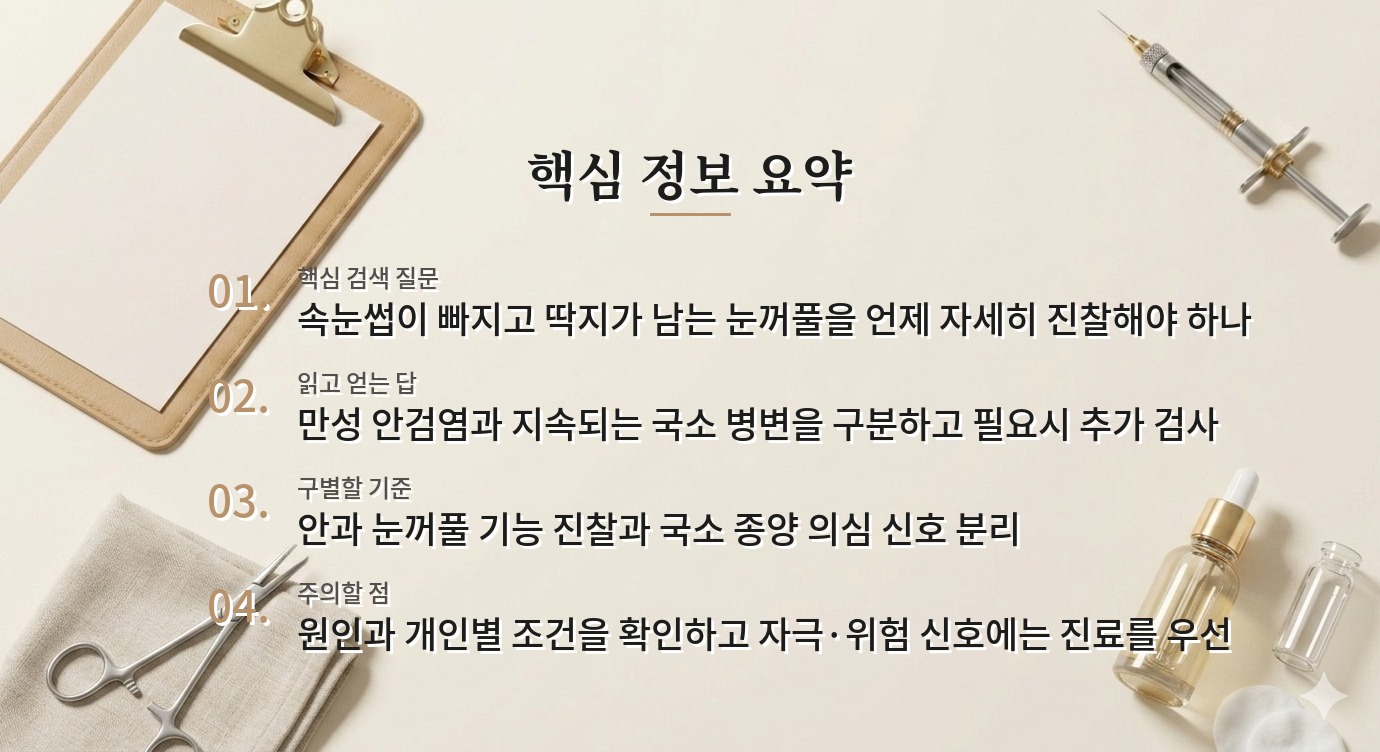 남자 눈꺼풀 가장자리 딱지와 속눈썹 탈락, 안검염만으로 볼 수 없을 때 비교 가이드