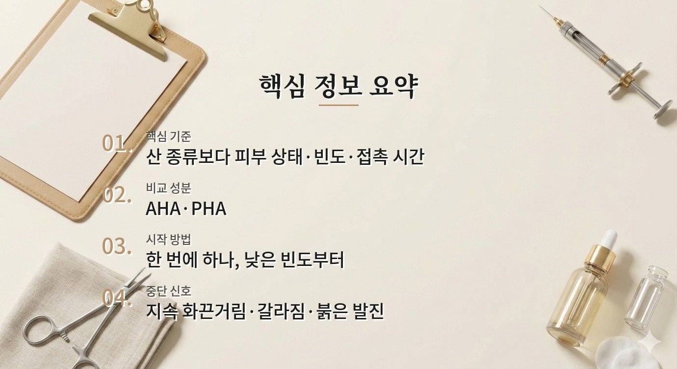 AHA와 PHA, 예민한 피부가 각질을 정리할 때 농도보다 접촉 시간을 먼저 볼 것 비교 가이드