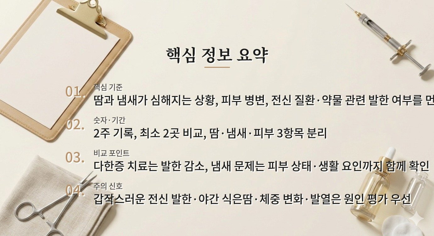 남자 액취증 치료 병원, 땀과 냄새를 나눠 치료 옵션을 비교하는 순서 비교 가이드