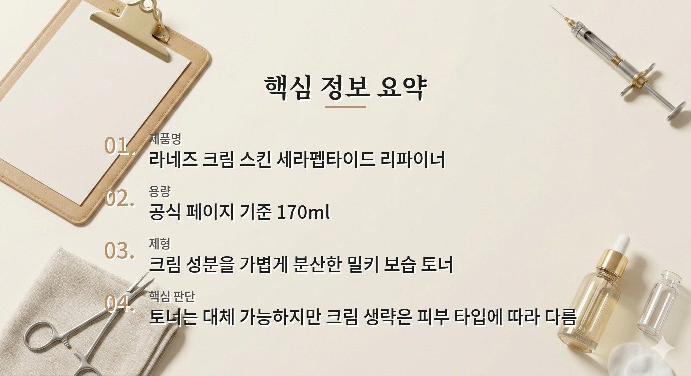 라네즈 크림 스킨 세라펩타이드 리파이너는 토너와 크림을 둘 다 대신할 수 있나요? 비교 가이드
