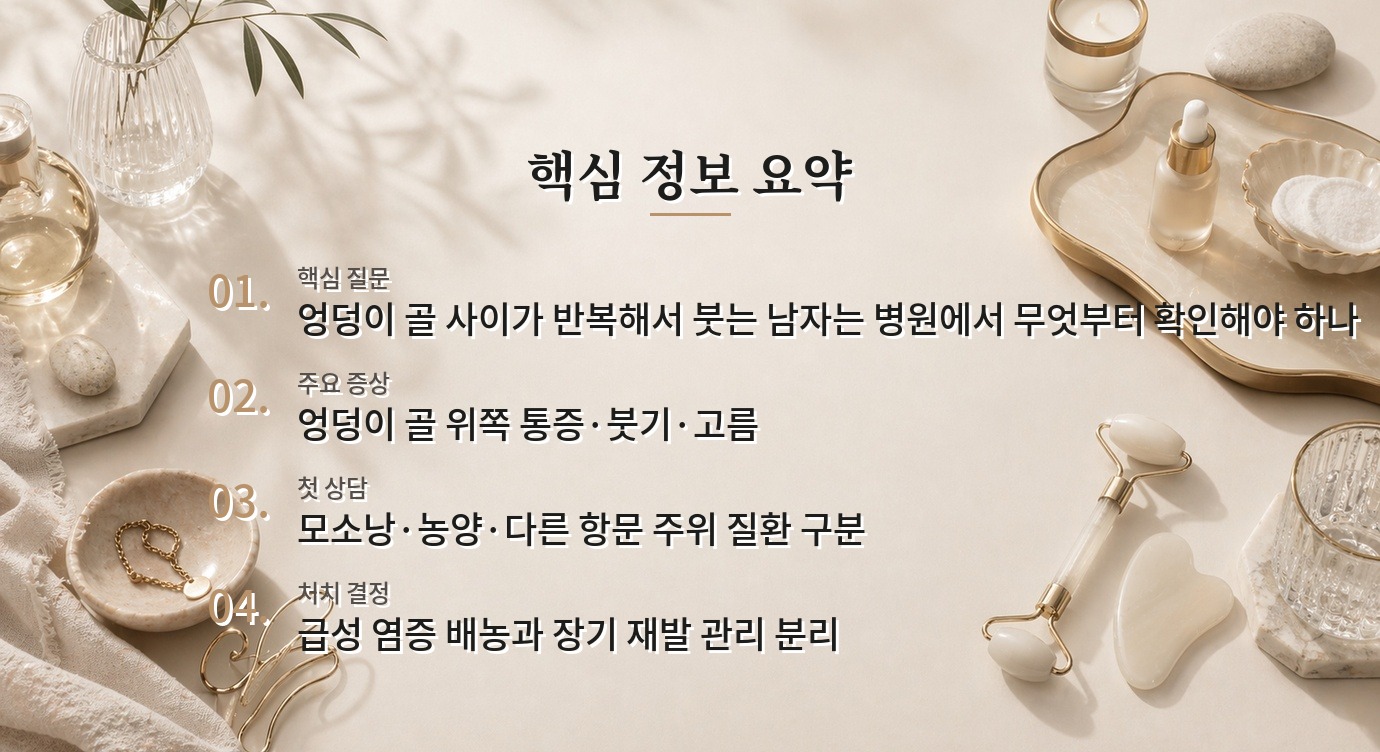 남자 꼬리뼈 부근 모소낭 병원, 고름 배농과 재발 수술을 구분하는 상담 비교 가이드