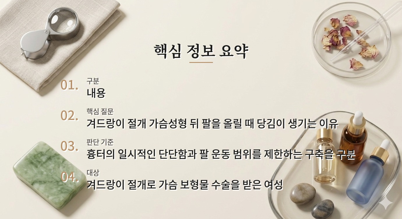 가슴 보형물 수술 후 겨드랑이 흉터가 잡아당길 때, 유착과 운동 제한 살피기 비교 가이드