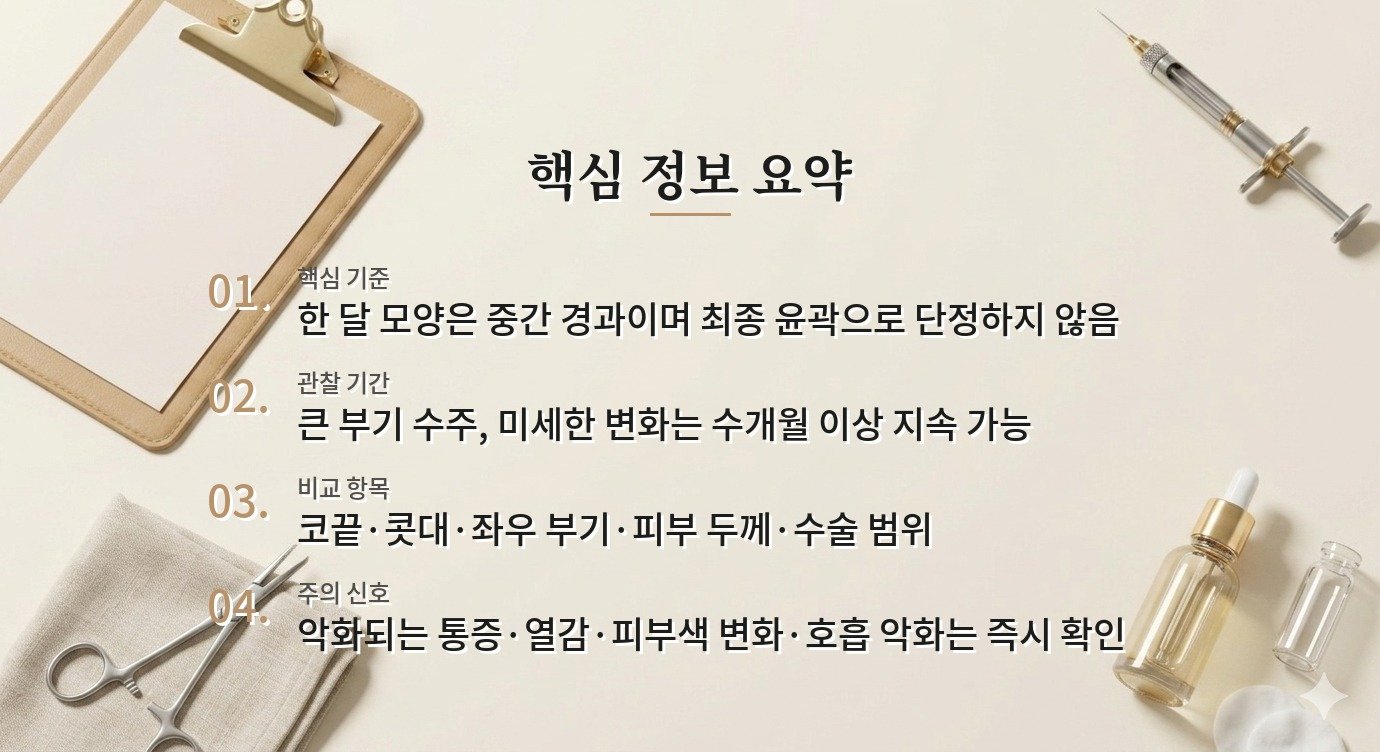 코성형 부기는 한 달이면 최종 모양으로 봐도 되나요? 비교 가이드