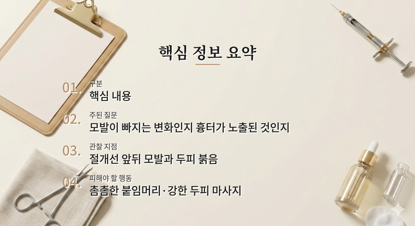 이마축소 수술 뒤 헤어라인이 듬성듬성해 보일 때, 절개선과 모발 변화 비교 가이드