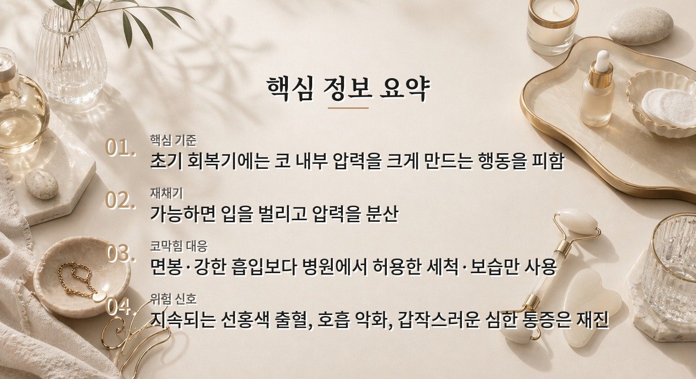 코성형 후 코풀기와 재채기, 압력을 줄여 출혈·붓기를 관리하는 회복 습관 비교 가이드
