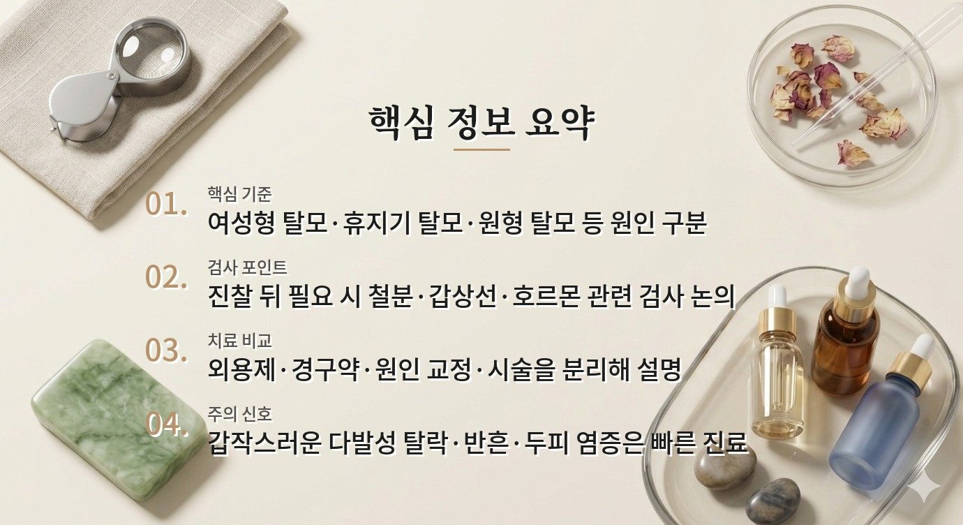 여성 탈모 병원, 미녹시딜 처방보다 철분·갑상선·호르몬 원인 평가를 먼저 볼 것 비교 가이드