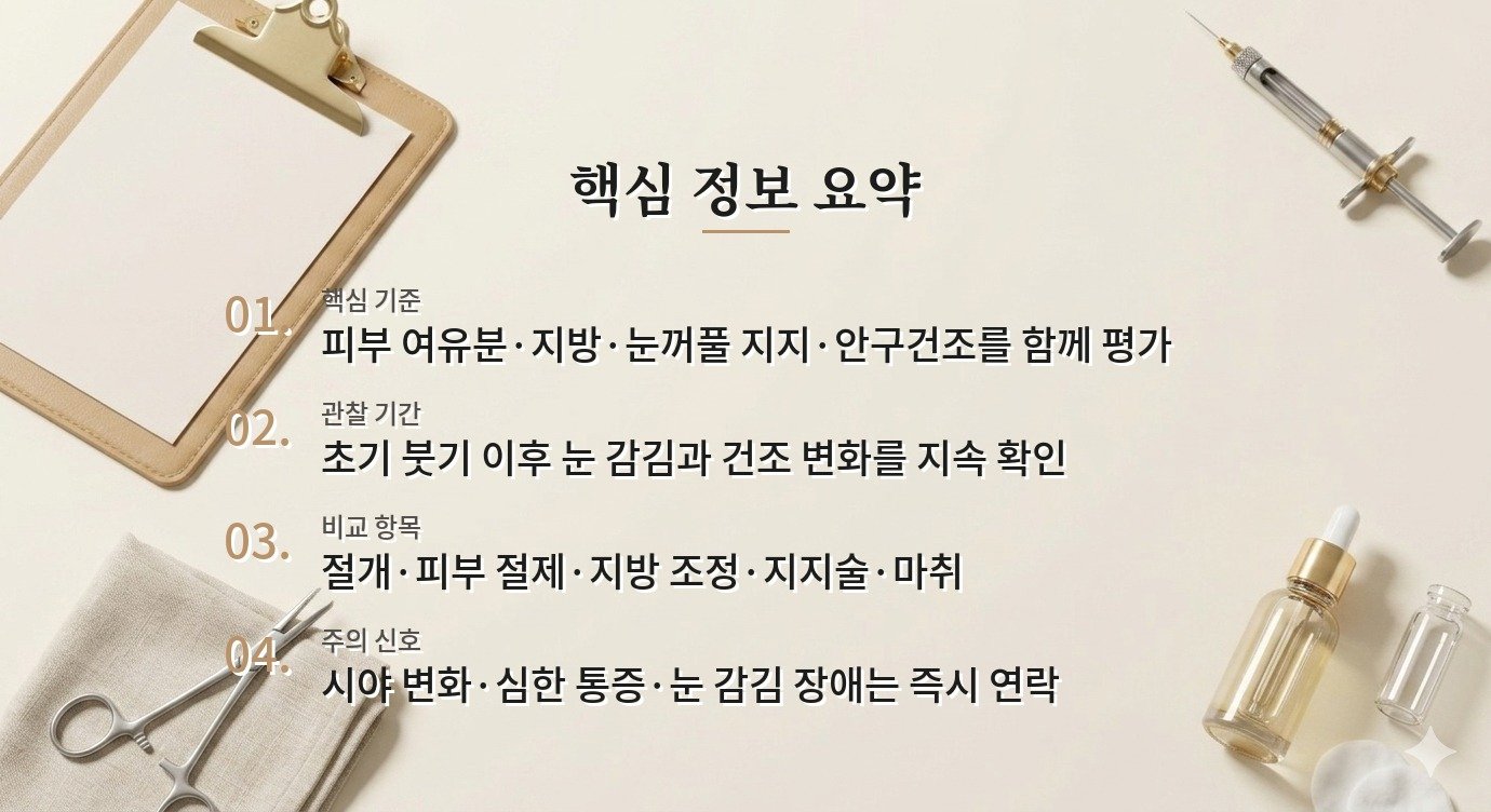 여성 하안검 병원, 피부 절제량보다 안구건조·눈꺼풀 지지 평가가 중요한 이유 비교 가이드